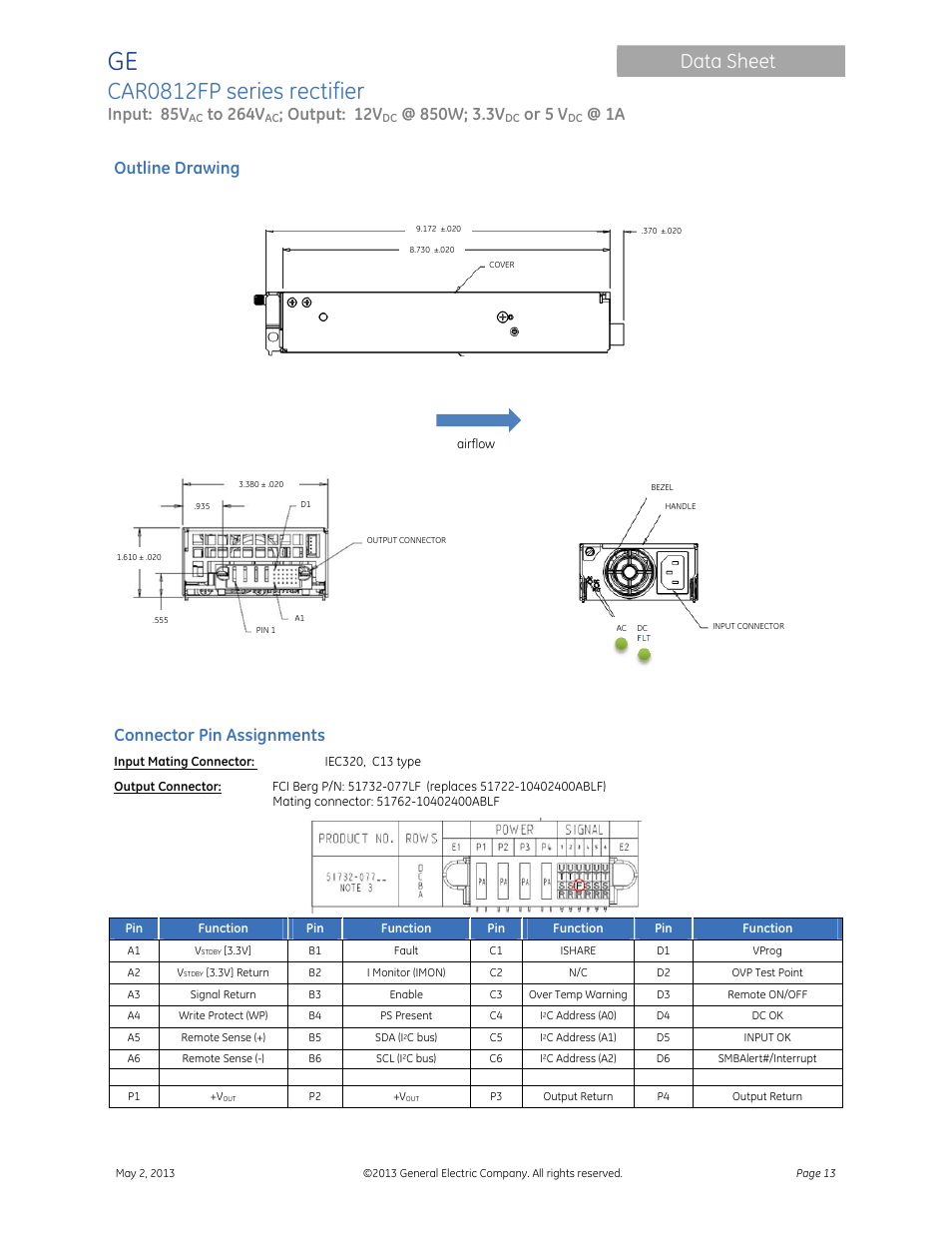 Car0812fp series rectifier, Data sheet, Input: 85v | Output: 12v, Or 5 v, Outline drawing, Connector pin assignments | GE Industrial Solutions CAR0812FP series User Manual | Page 13 / 15