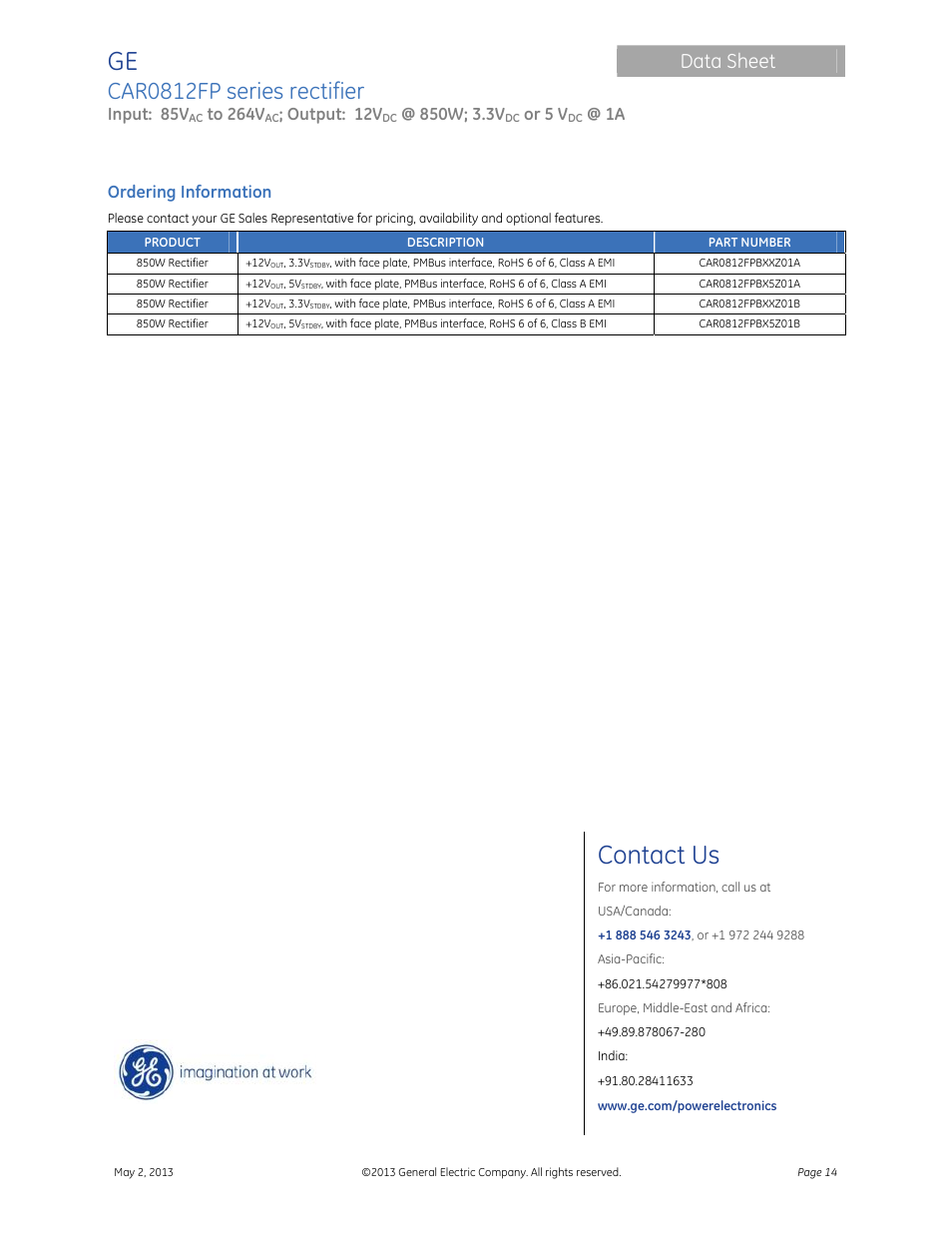 Contact us, Car0812fp series rectifier, Data sheet | Input: 85v, Output: 12v, Or 5 v, Ordering information | GE Industrial Solutions CAR0812FP series User Manual | Page 14 / 15