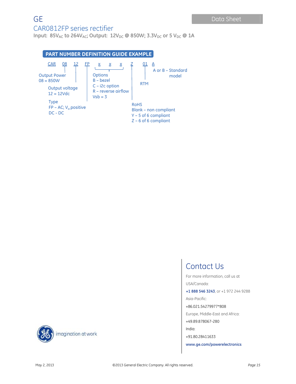 Contact us, Car0812fp series rectifier, Data sheet | GE Industrial Solutions CAR0812FP series User Manual | Page 15 / 15