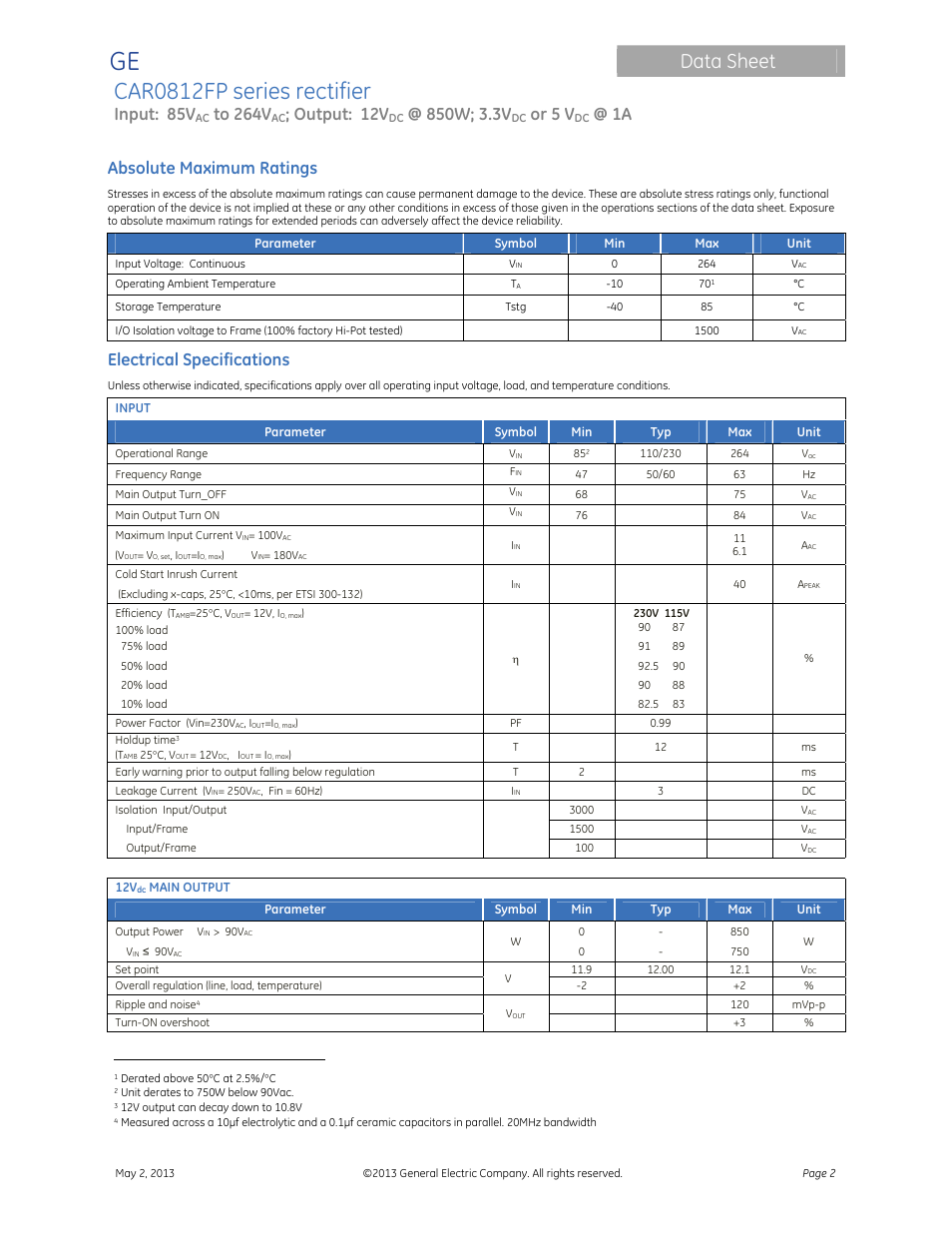 Car0812fp series rectifier, Data sheet, Input: 85v | Output: 12v, Or 5 v, Absolute maximum ratings, Electrical specifications | GE Industrial Solutions CAR0812FP series User Manual | Page 2 / 15