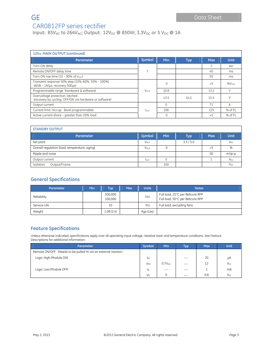 Car0812fp series rectifier, Data sheet, Input: 85v | Output: 12v, Or 5 v, General specifications, Feature specifications | GE Industrial Solutions CAR0812FP series User Manual | Page 3 / 15