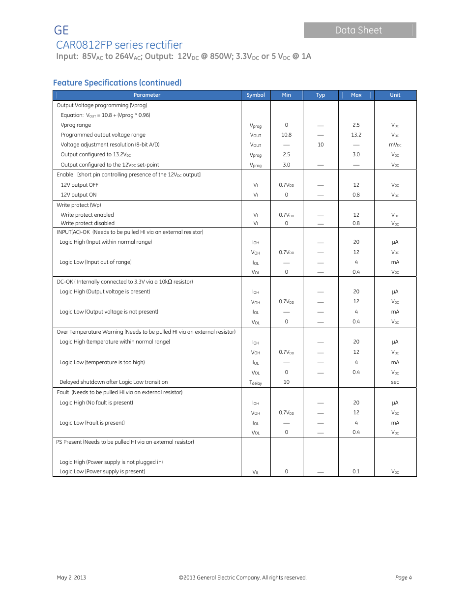 Car0812fp series rectifier, Data sheet, Input: 85v | Output: 12v, Or 5 v, Feature specifications (continued) | GE Industrial Solutions CAR0812FP series User Manual | Page 4 / 15