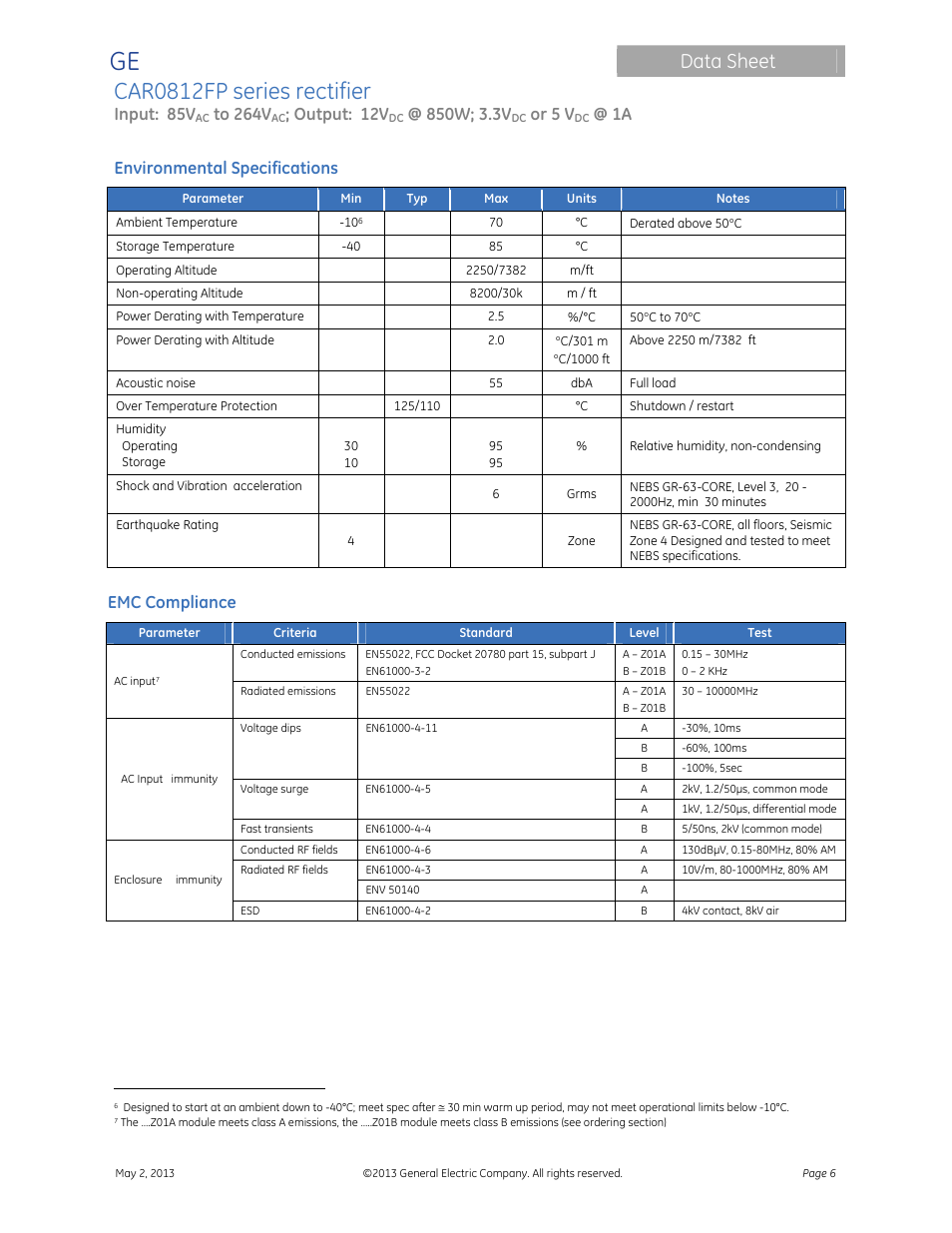Car0812fp series rectifier, Data sheet, Input: 85v | Output: 12v, Or 5 v, Environmental specifications, Emc compliance | GE Industrial Solutions CAR0812FP series User Manual | Page 6 / 15