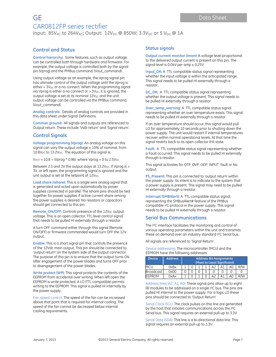 Car0812fp series rectifier, Data sheet, Input: 85v | Output: 12v, Or 5 v, Control and status, Control signals, Serial bus communications | GE Industrial Solutions CAR0812FP series User Manual | Page 7 / 15