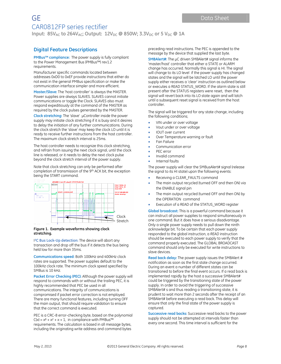 Car0812fp series rectifier, Data sheet, Input: 85v | Output: 12v, Or 5 v, Digital feature descriptions | GE Industrial Solutions CAR0812FP series User Manual | Page 8 / 15