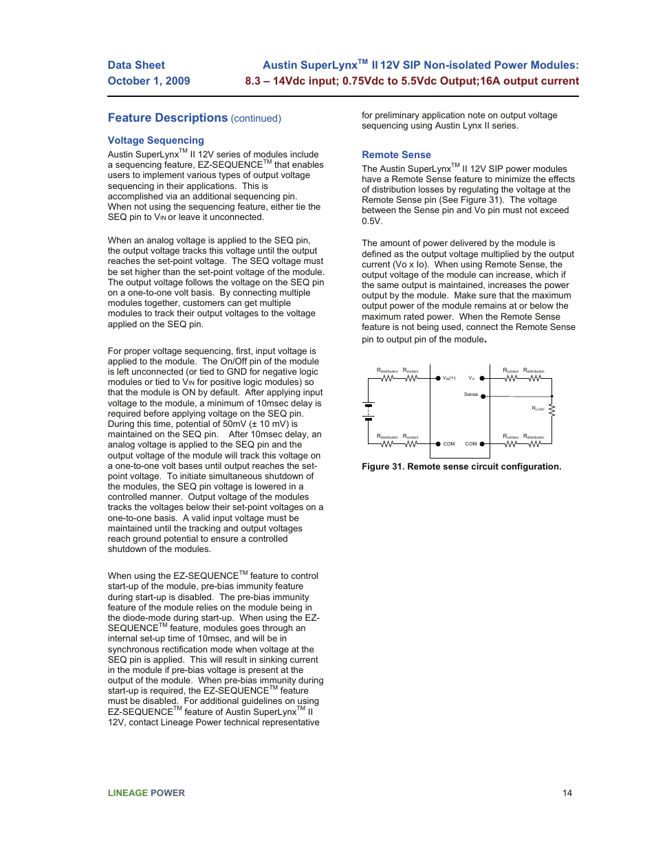 Feature descriptions, Austin superlynx, Continued) | Voltage sequencing, Remote sense | GE Industrial Solutions Austin SuperLynx II 12V SIP User Manual | Page 14 / 19