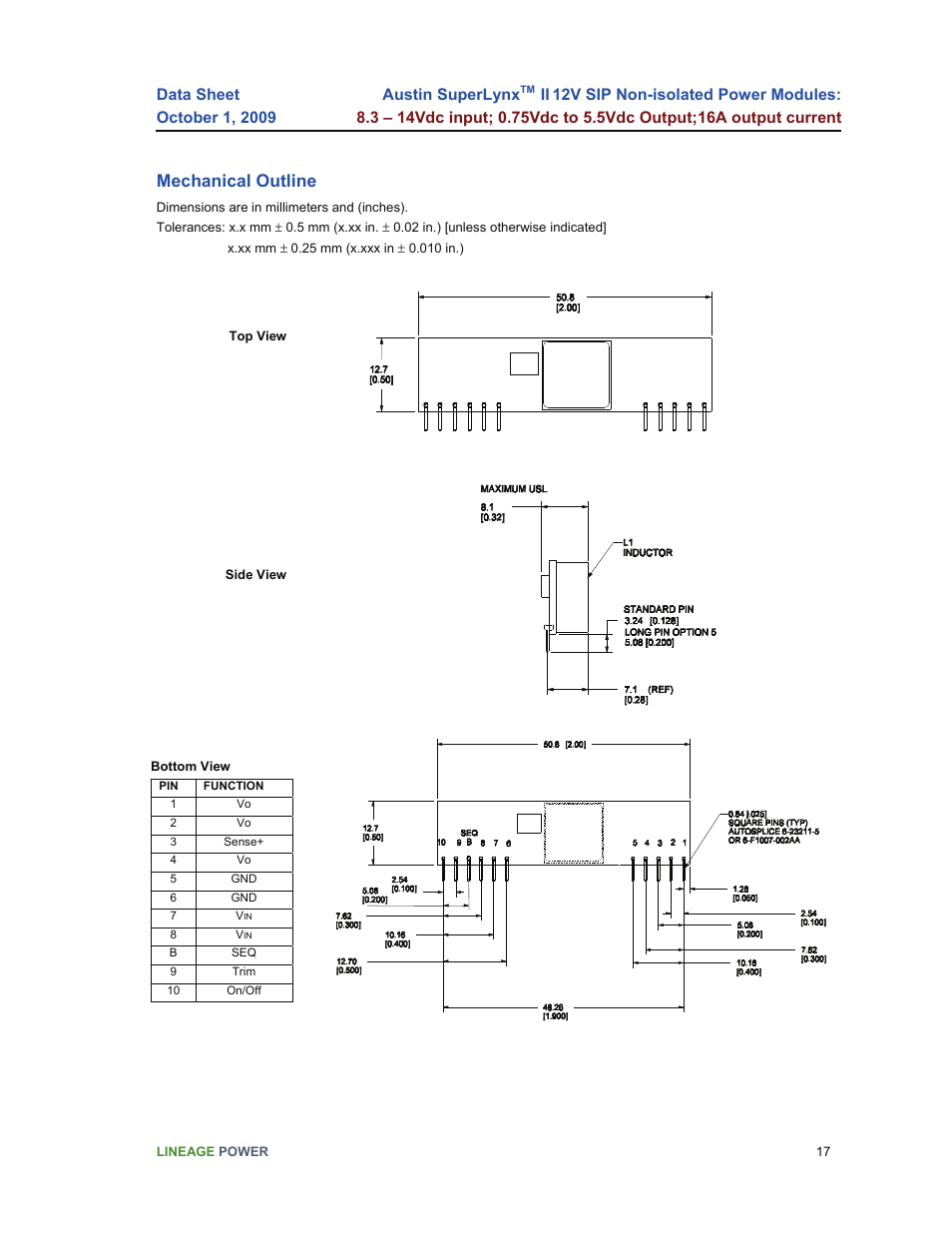 Mechanical outline | GE Industrial Solutions Austin SuperLynx II 12V SIP User Manual | Page 17 / 19