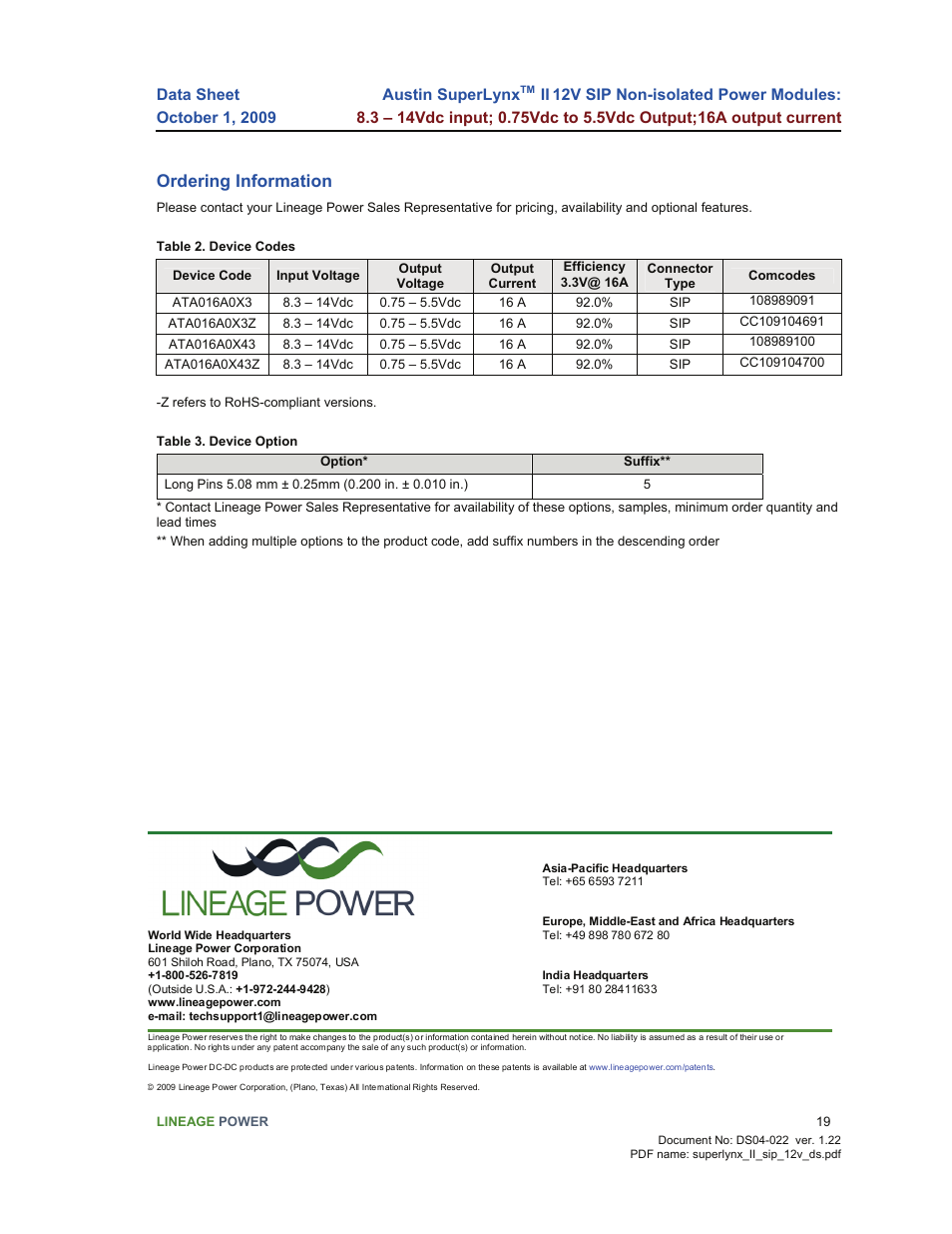 Ordering information | GE Industrial Solutions Austin SuperLynx II 12V SIP User Manual | Page 19 / 19