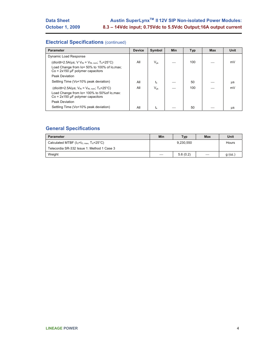 Electrical specifications, General specifications, Austin superlynx | GE Industrial Solutions Austin SuperLynx II 12V SIP User Manual | Page 4 / 19