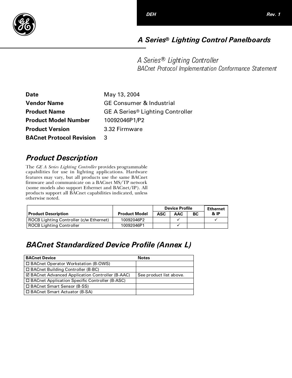 GE Industrial Solutions A Series Lighting Control Panelboards BACnet Protocol User Manual | 8 pages