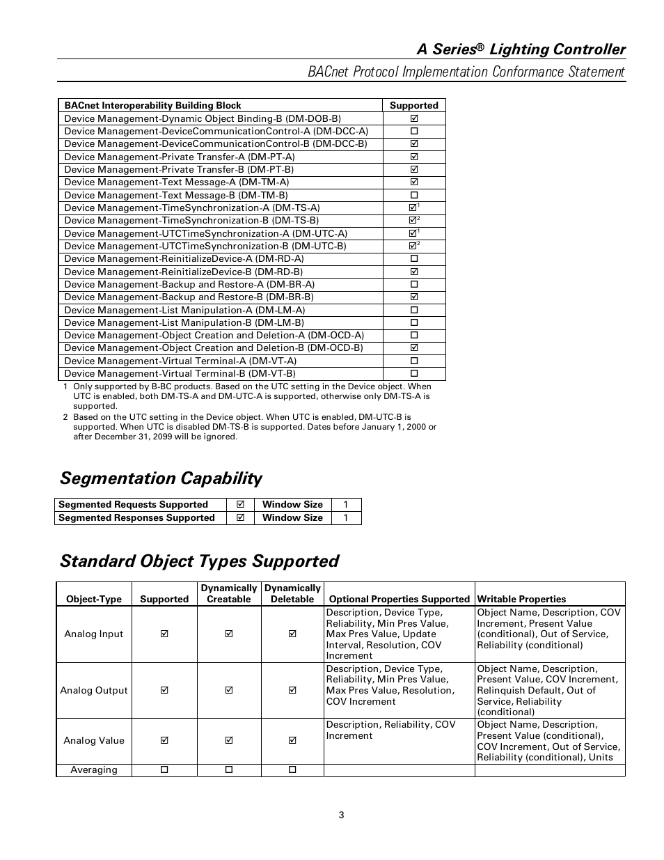 Segmentation capability, Standard object types supported, A series | GE Industrial Solutions A Series Lighting Control Panelboards BACnet Protocol User Manual | Page 3 / 8