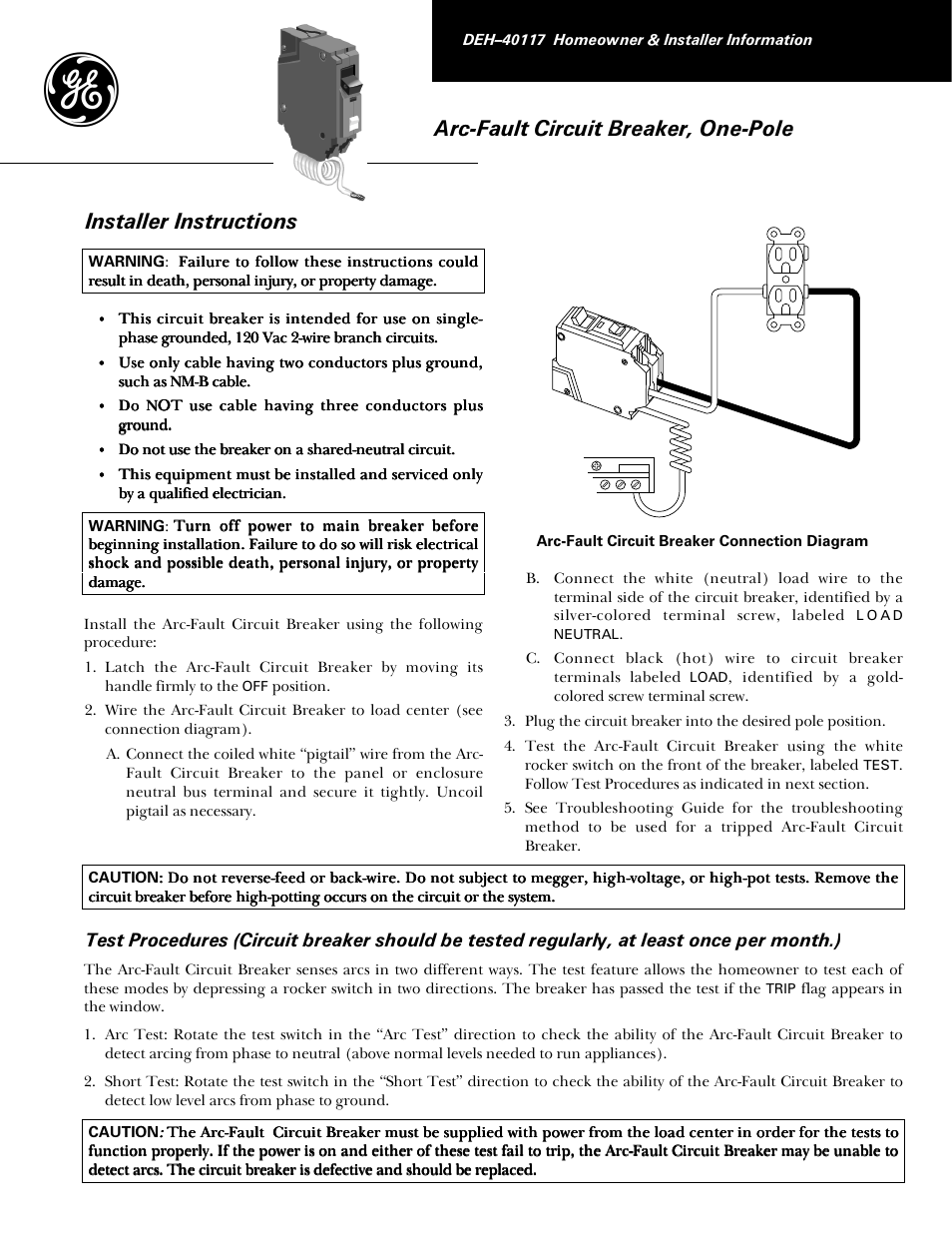 GE Industrial Solutions AFCI 1 Pole User Manual | 2 pages
