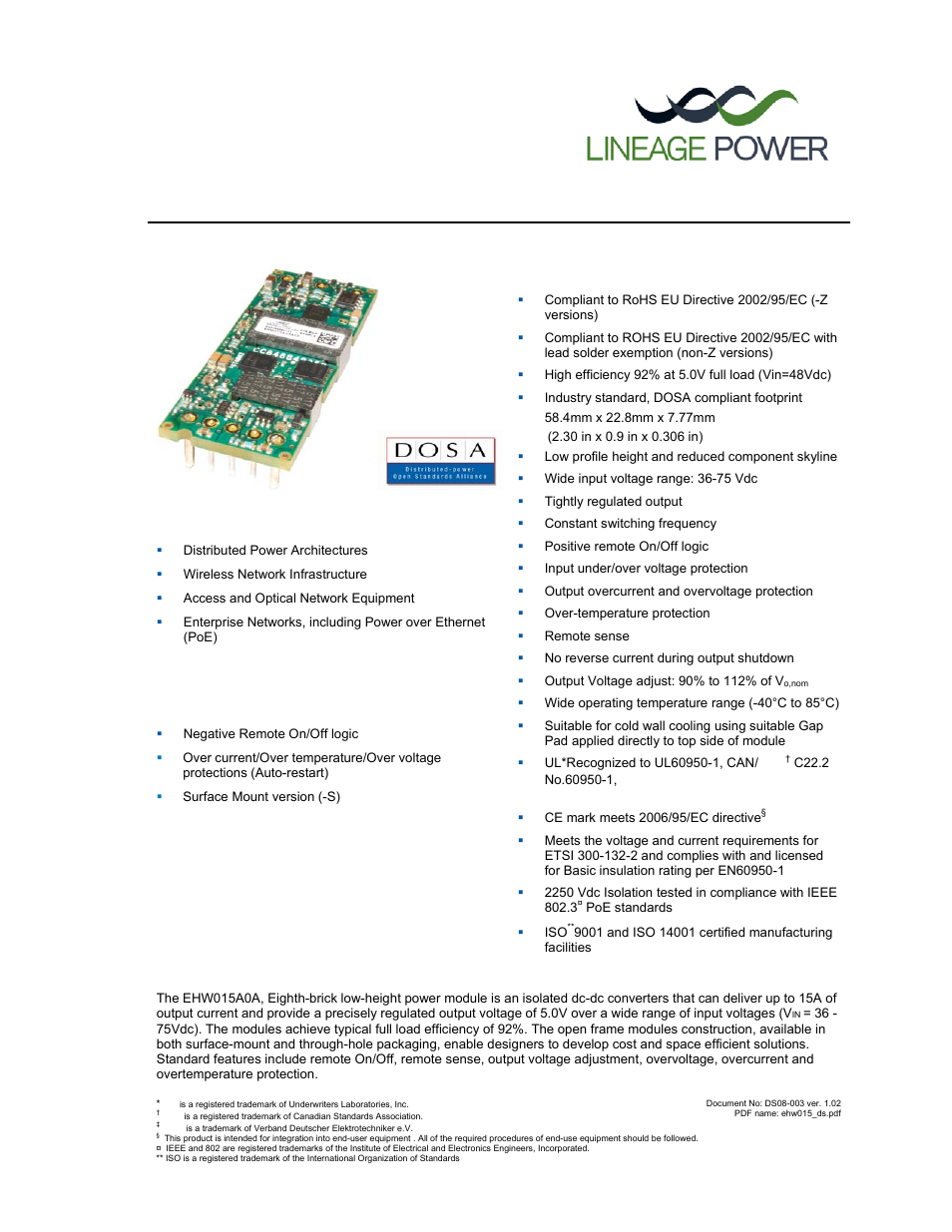 GE Industrial Solutions EHW015A0A Series (Eighth-Brick) User Manual | 19 pages