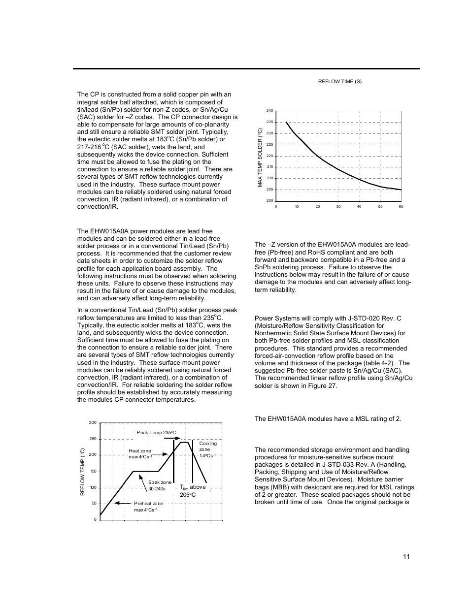 Surface mount information (continued), Tin lead soldering, Lead free soldering | Pb-free reflow profile, Msl rating, Storage and handling | GE Industrial Solutions EHW015A0A Series (Eighth-Brick) User Manual | Page 11 / 19