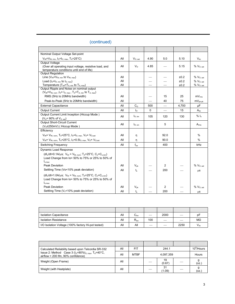 Electrical specifications (continued), Isolation specifications, General specifications | GE Industrial Solutions EHW015A0A Series (Eighth-Brick) User Manual | Page 3 / 19