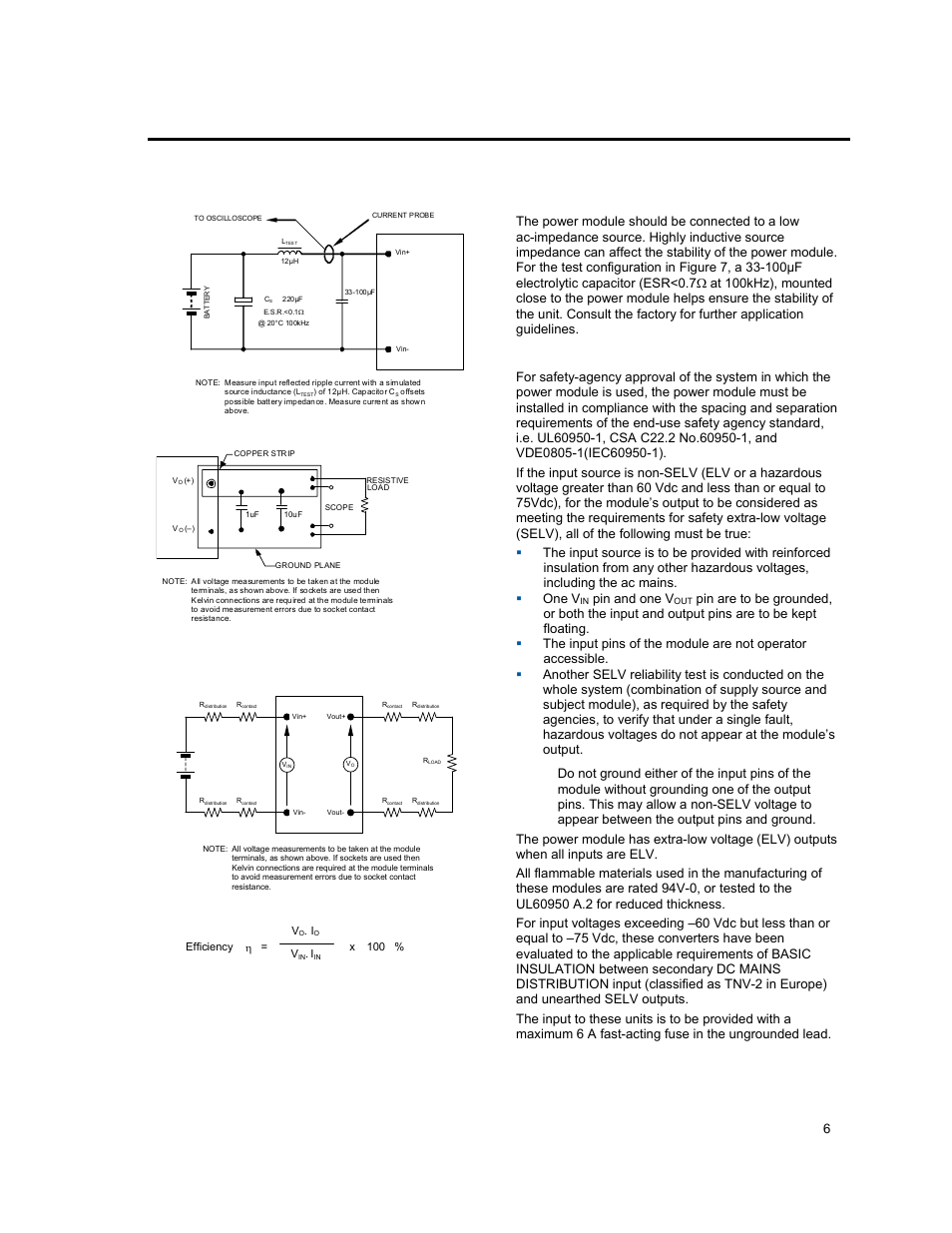 Test configurations, Design considerations, Safety considerations | Input filtering, Lineage power 6, Figure 8. output ripple and noise test setup, Figure 9. output voltage and efficiency test setup, Pin and one v | GE Industrial Solutions EHW015A0A Series (Eighth-Brick) User Manual | Page 6 / 19