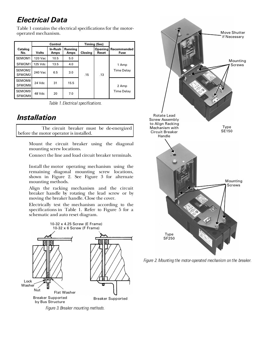 Electrical data, Installation | GE Industrial Solutions Spectra RMS Motor Operators SE150 User Manual | Page 2 / 4