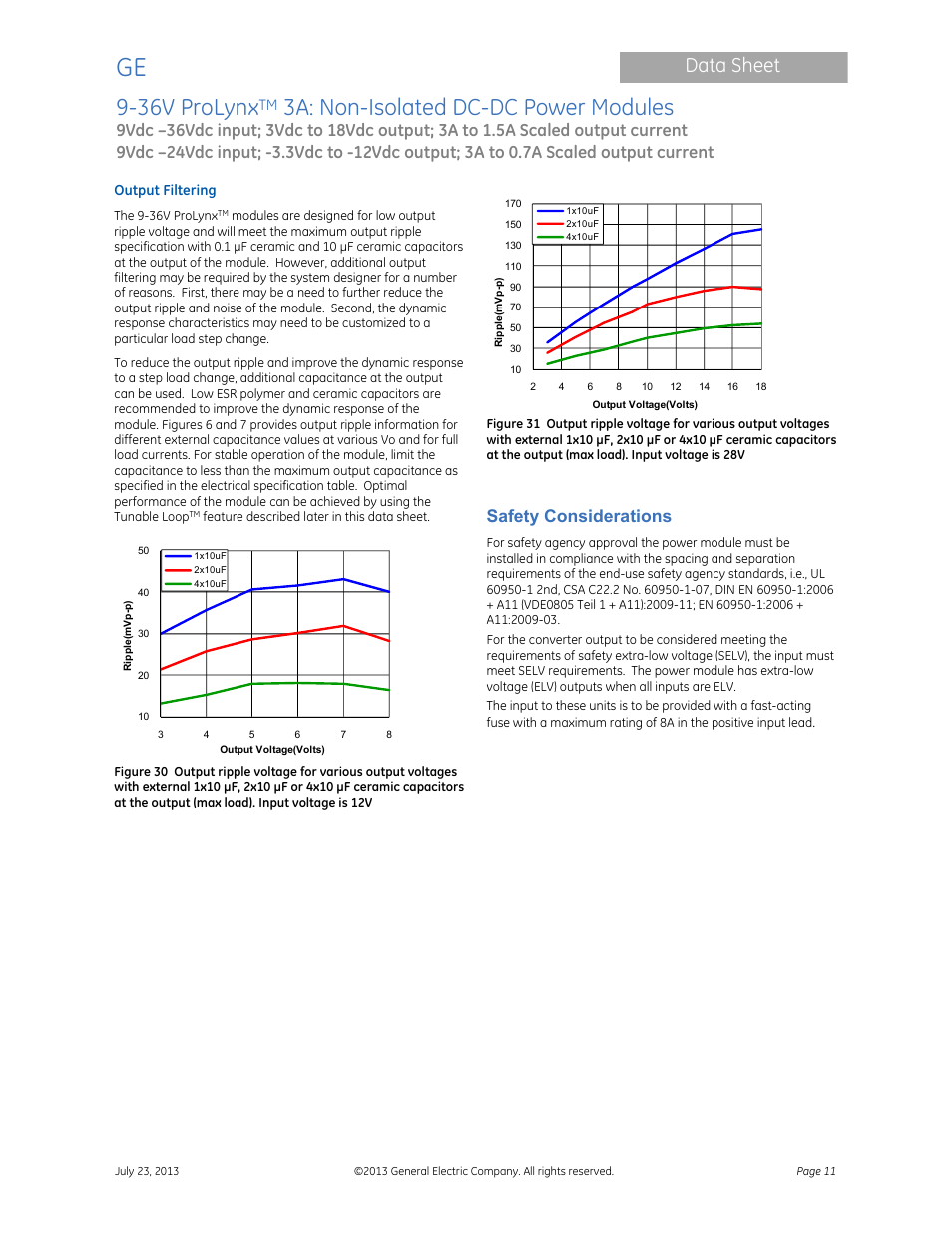 36v prolynx, 3a: non-isolated dc-dc power modules, Data sheet | Safety considerations | GE Industrial Solutions 9-36V ProLynx 3A User Manual | Page 11 / 30