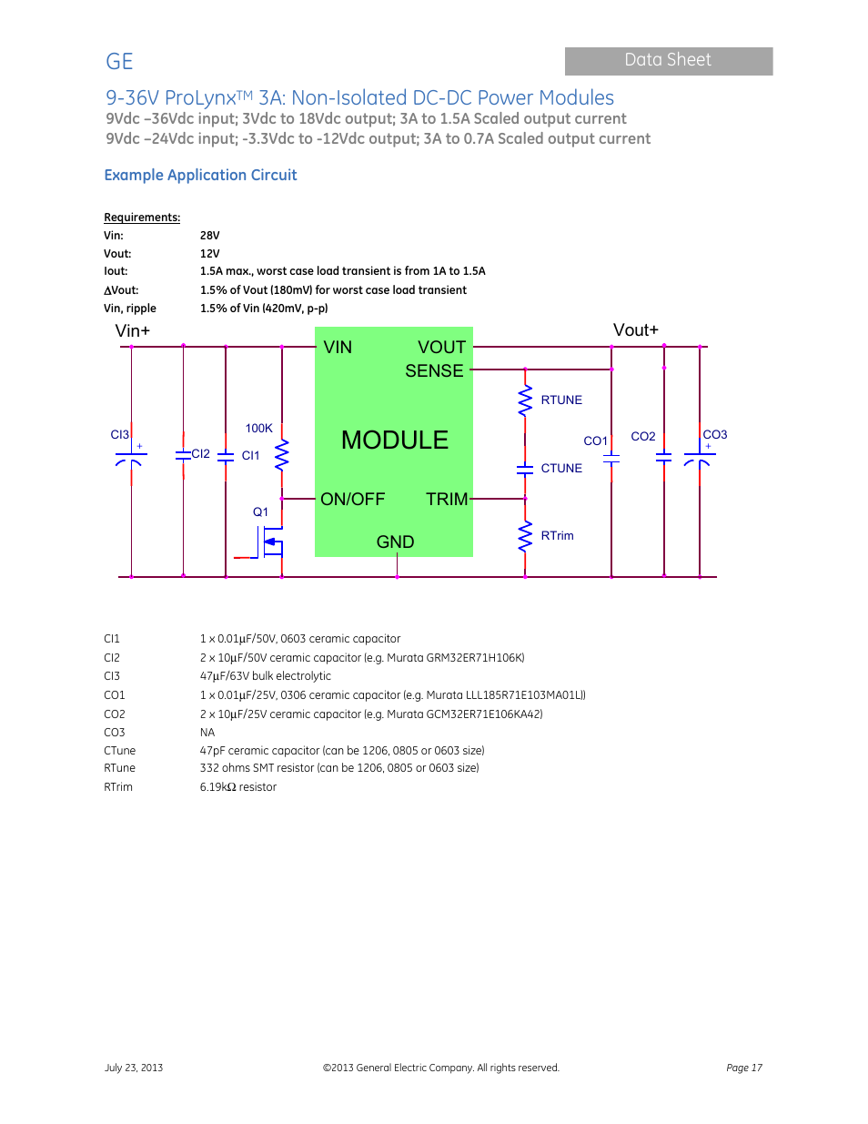 Module, 36v prolynx, 3a: non-isolated dc-dc power modules | Data sheet, Vout sense, Gnd trim, Vin+ on/off vout | GE Industrial Solutions 9-36V ProLynx 3A User Manual | Page 17 / 30