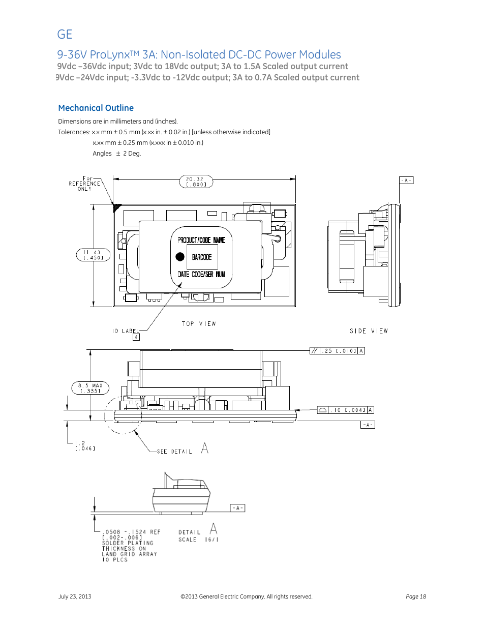 36v prolynx, 3a: non-isolated dc-dc power modules, Data sheet | GE Industrial Solutions 9-36V ProLynx 3A User Manual | Page 18 / 30