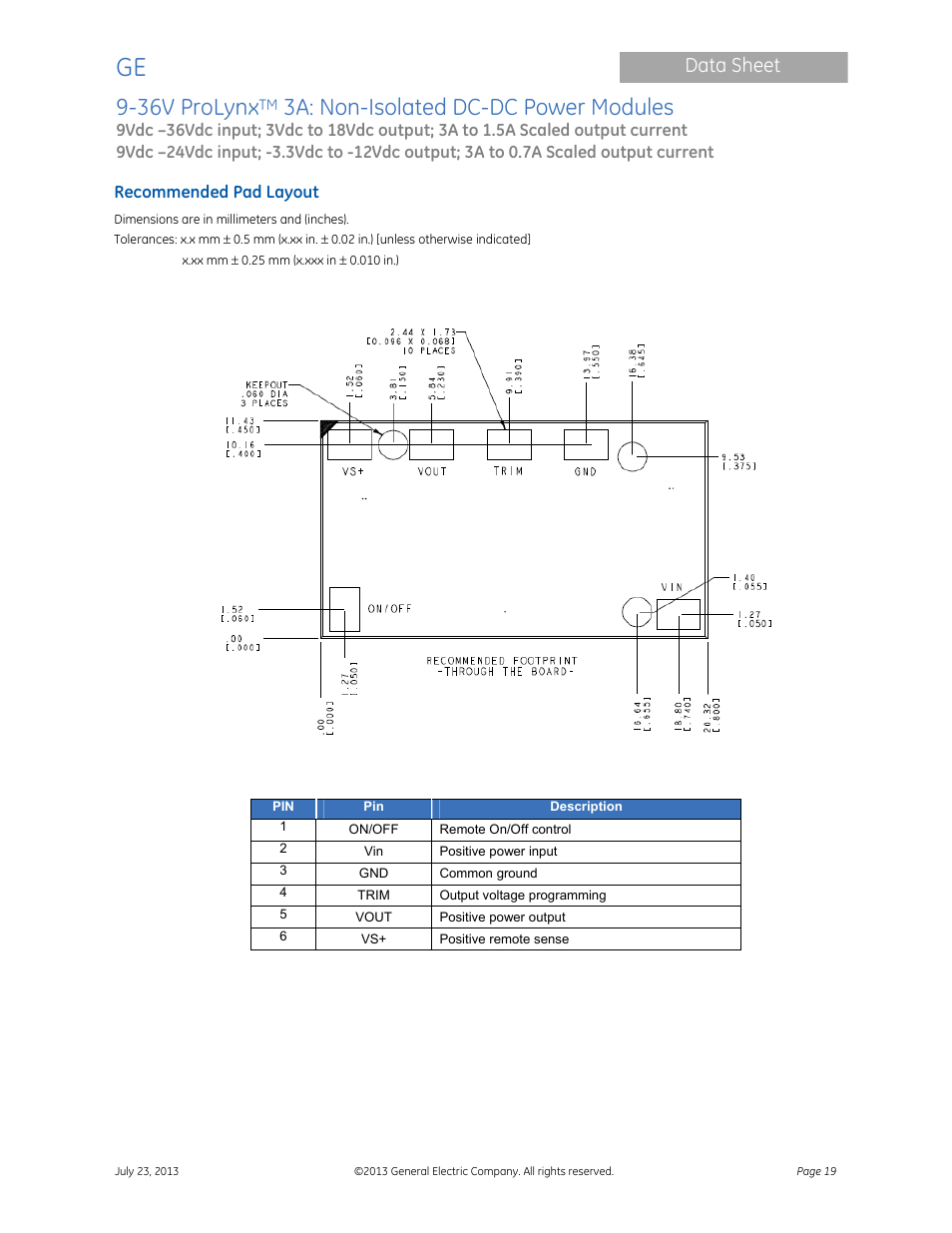 36v prolynx, 3a: non-isolated dc-dc power modules, Data sheet | GE Industrial Solutions 9-36V ProLynx 3A User Manual | Page 19 / 30