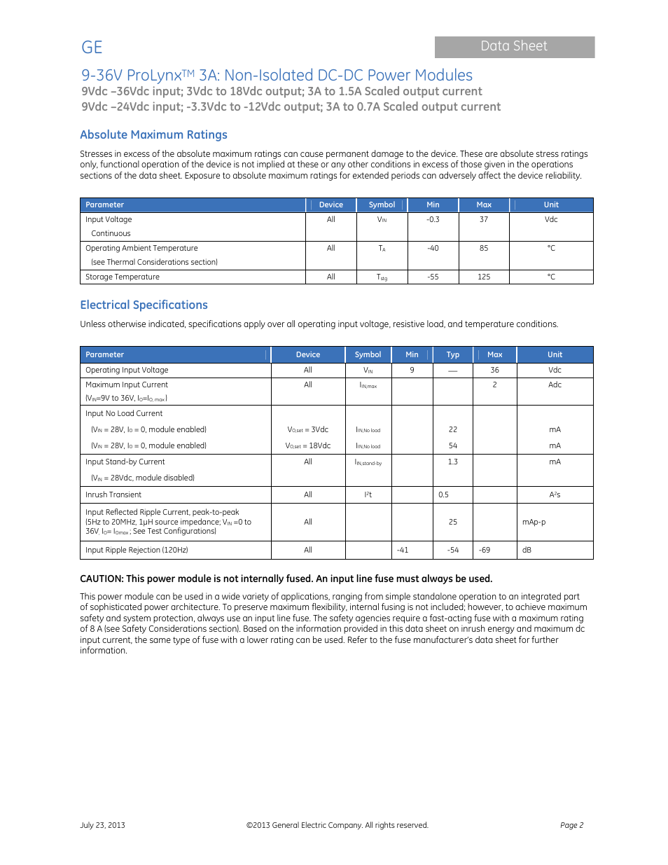 36v prolynx, 3a: non-isolated dc-dc power modules, Data sheet | Absolute maximum ratings, Electrical specifications | GE Industrial Solutions 9-36V ProLynx 3A User Manual | Page 2 / 30