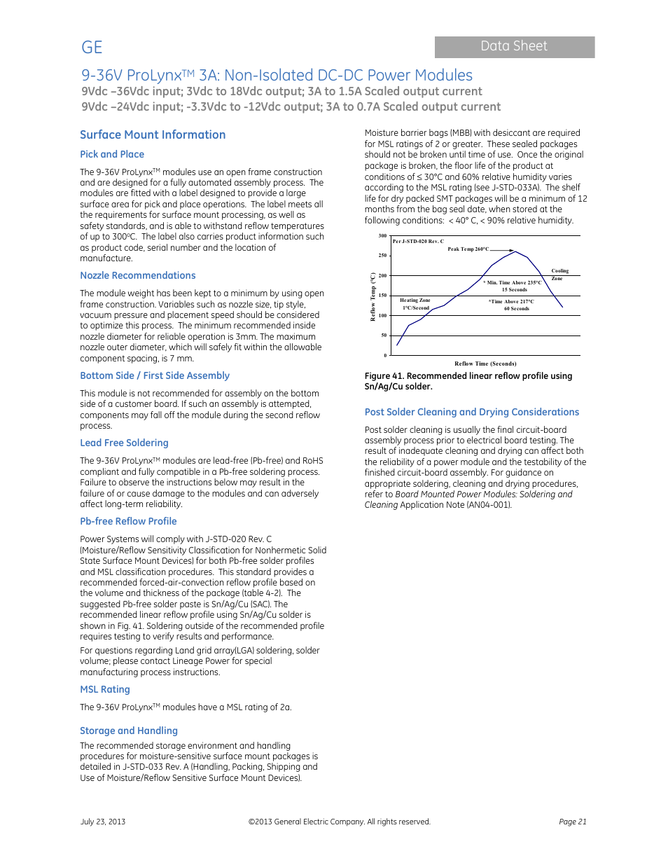 36v prolynx, 3a: non-isolated dc-dc power modules, Data sheet | Surface mount information | GE Industrial Solutions 9-36V ProLynx 3A User Manual | Page 21 / 30