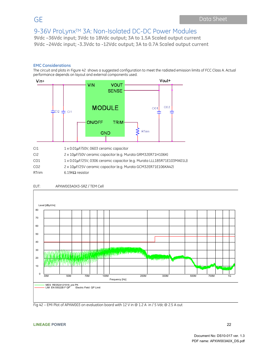 36v prolynx, 3a: non-isolated dc-dc power modules, Data sheet | GE Industrial Solutions 9-36V ProLynx 3A User Manual | Page 22 / 30