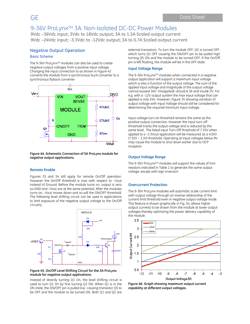 36v prolynx, 3a: non-isolated dc-dc power modules, Data sheet | Negative output operation | GE Industrial Solutions 9-36V ProLynx 3A User Manual | Page 24 / 30