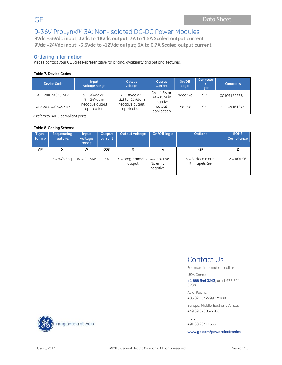 Contact us, 36v prolynx, 3a: non-isolated dc-dc power modules | Data sheet, Ordering information | GE Industrial Solutions 9-36V ProLynx 3A User Manual | Page 30 / 30