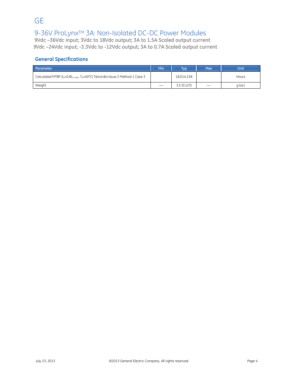 36v prolynx, 3a: non-isolated dc-dc power modules, Data sheet | GE Industrial Solutions 9-36V ProLynx 3A User Manual | Page 4 / 30