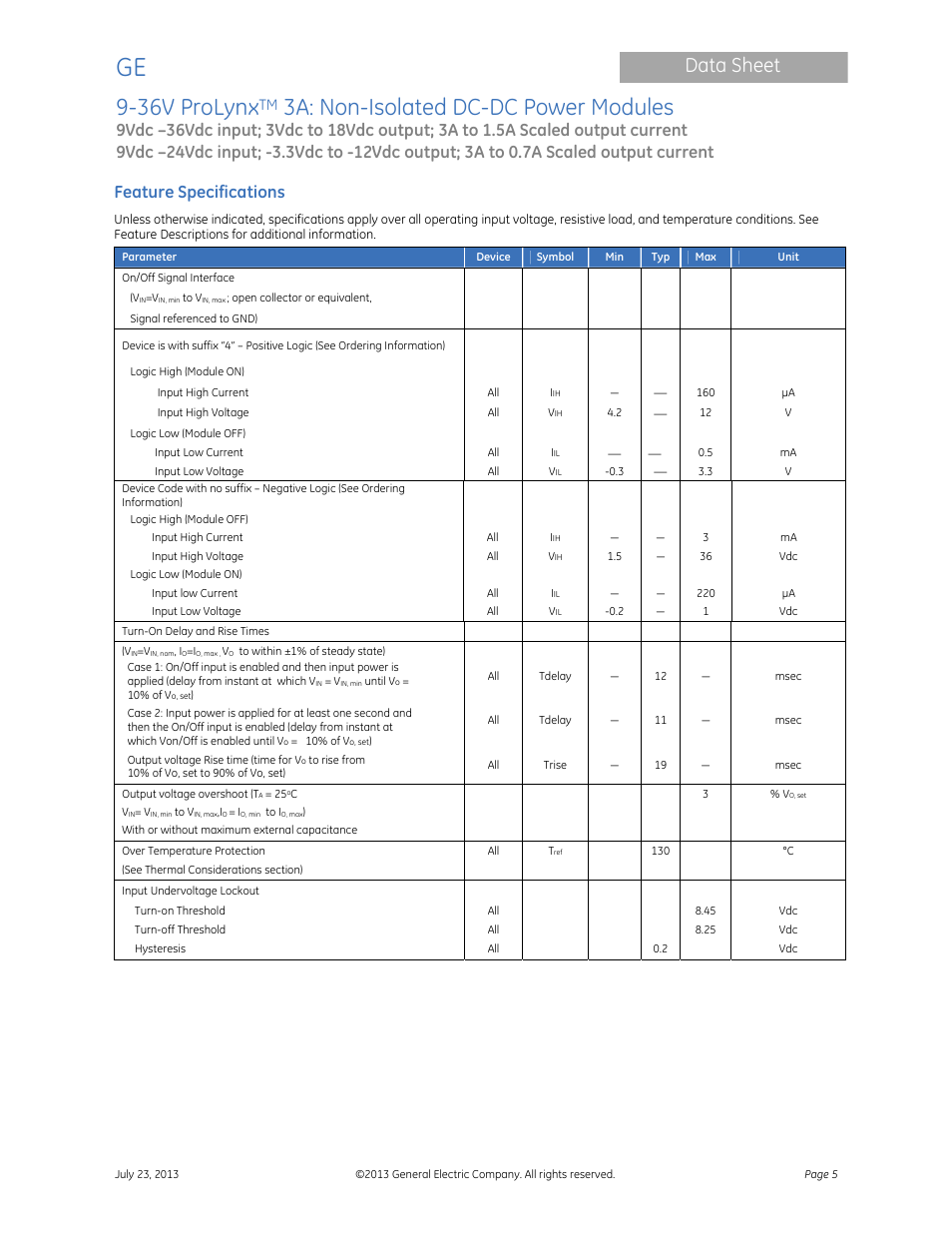 36v prolynx, 3a: non-isolated dc-dc power modules, Data sheet | Feature specifications | GE Industrial Solutions 9-36V ProLynx 3A User Manual | Page 5 / 30
