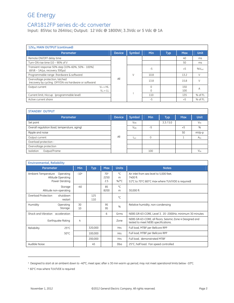 Ge energy, Car1812fp series dc-dc converter | GE Industrial Solutions CAR1812FP series User Manual | Page 3 / 7