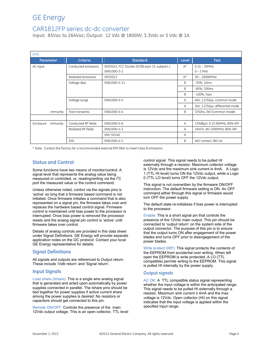 Ge energy, Car1812fp series dc-dc converter, Status and control | Signal definitions, Input signals, Output signals | GE Industrial Solutions CAR1812FP series User Manual | Page 4 / 7