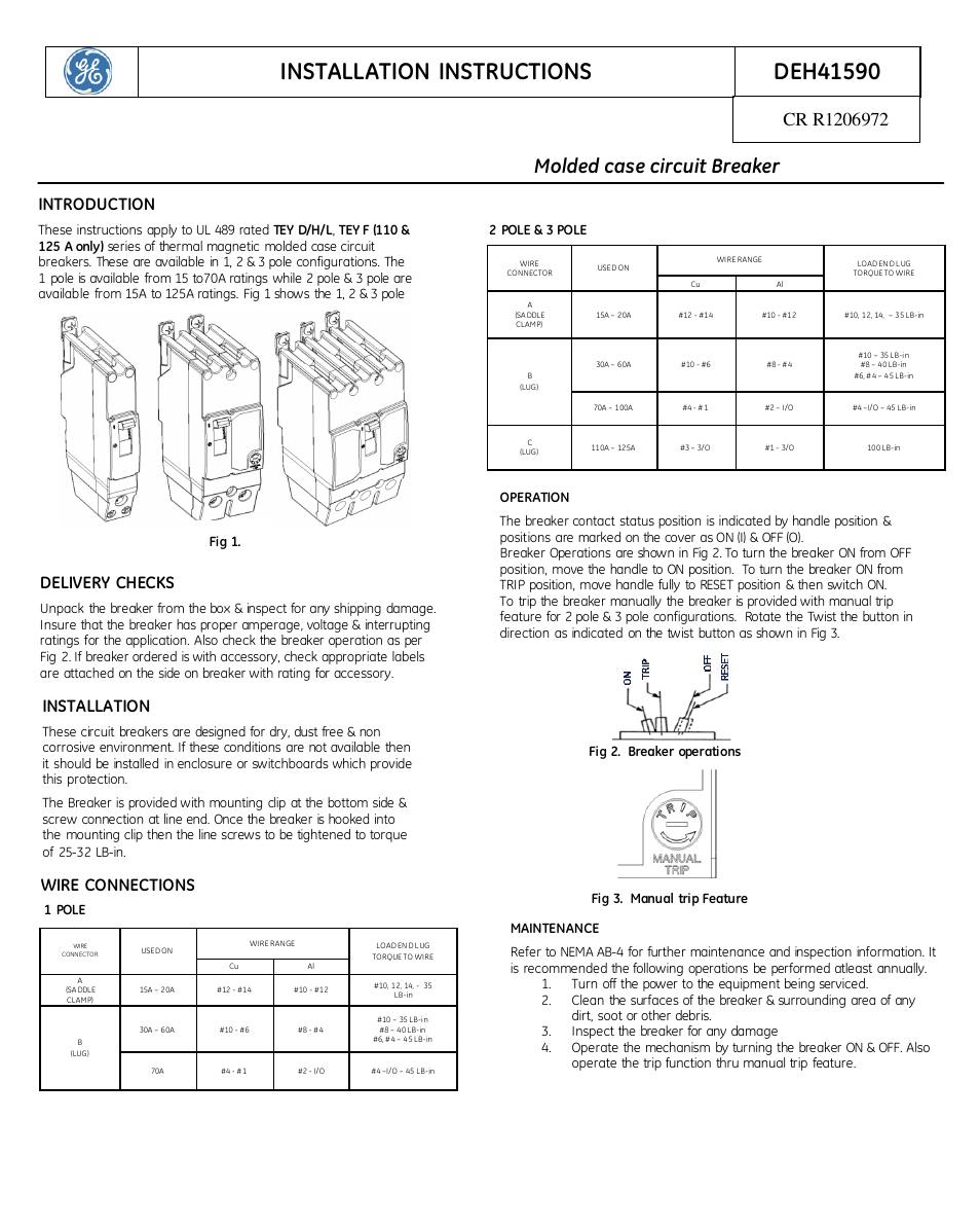 GE Industrial Solutions TEYD-H-L Circuit Breaker User Manual | 1 page