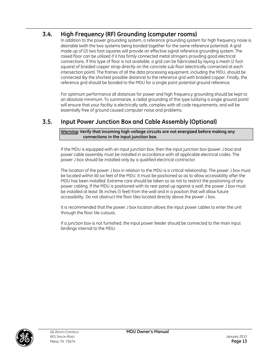 High frequency (rf) grounding (computer rooms) | GE Industrial Solutions GE ZENITH SERIES MDU User Manual | Page 13 / 59