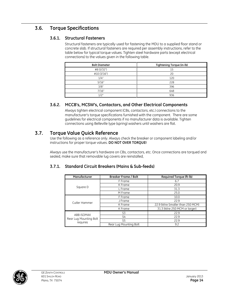 Torque specifications, Torque value quick reference, Structural fasteners | Standard circuit breakers (mains & sub-feeds) | GE Industrial Solutions GE ZENITH SERIES MDU User Manual | Page 14 / 59