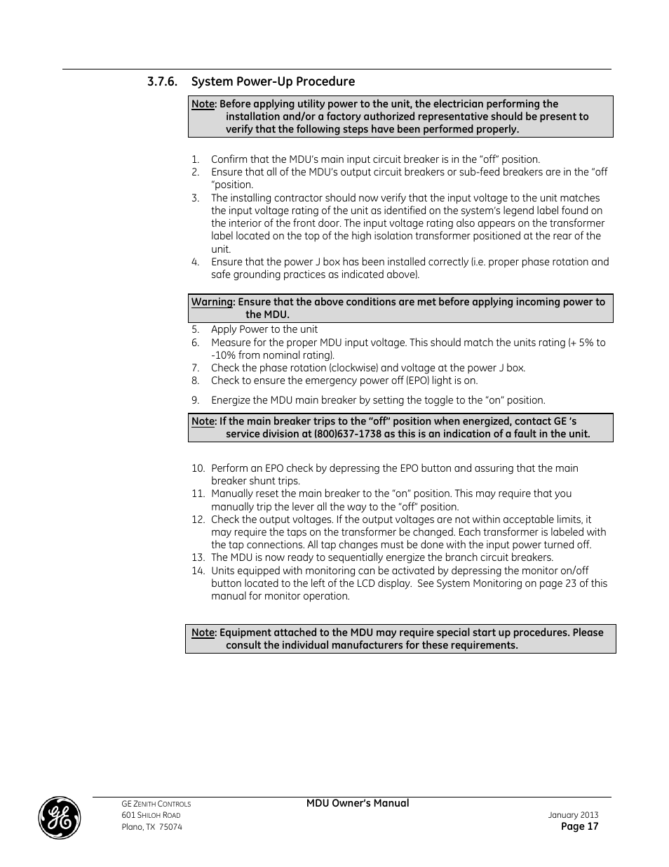 System power-up procedure | GE Industrial Solutions GE ZENITH SERIES MDU User Manual | Page 17 / 59