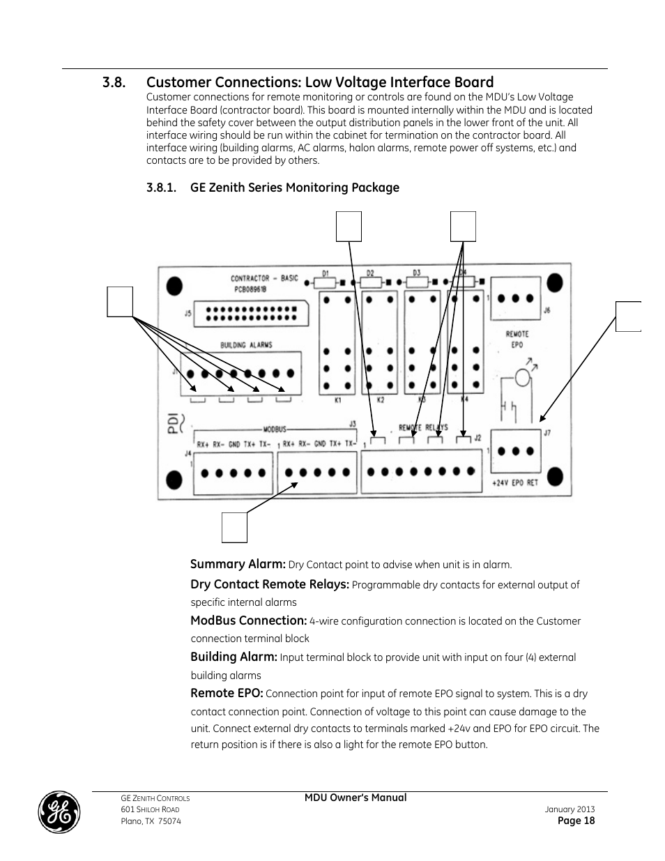 Customer connections: low voltage interface board | GE Industrial Solutions GE ZENITH SERIES MDU User Manual | Page 18 / 59