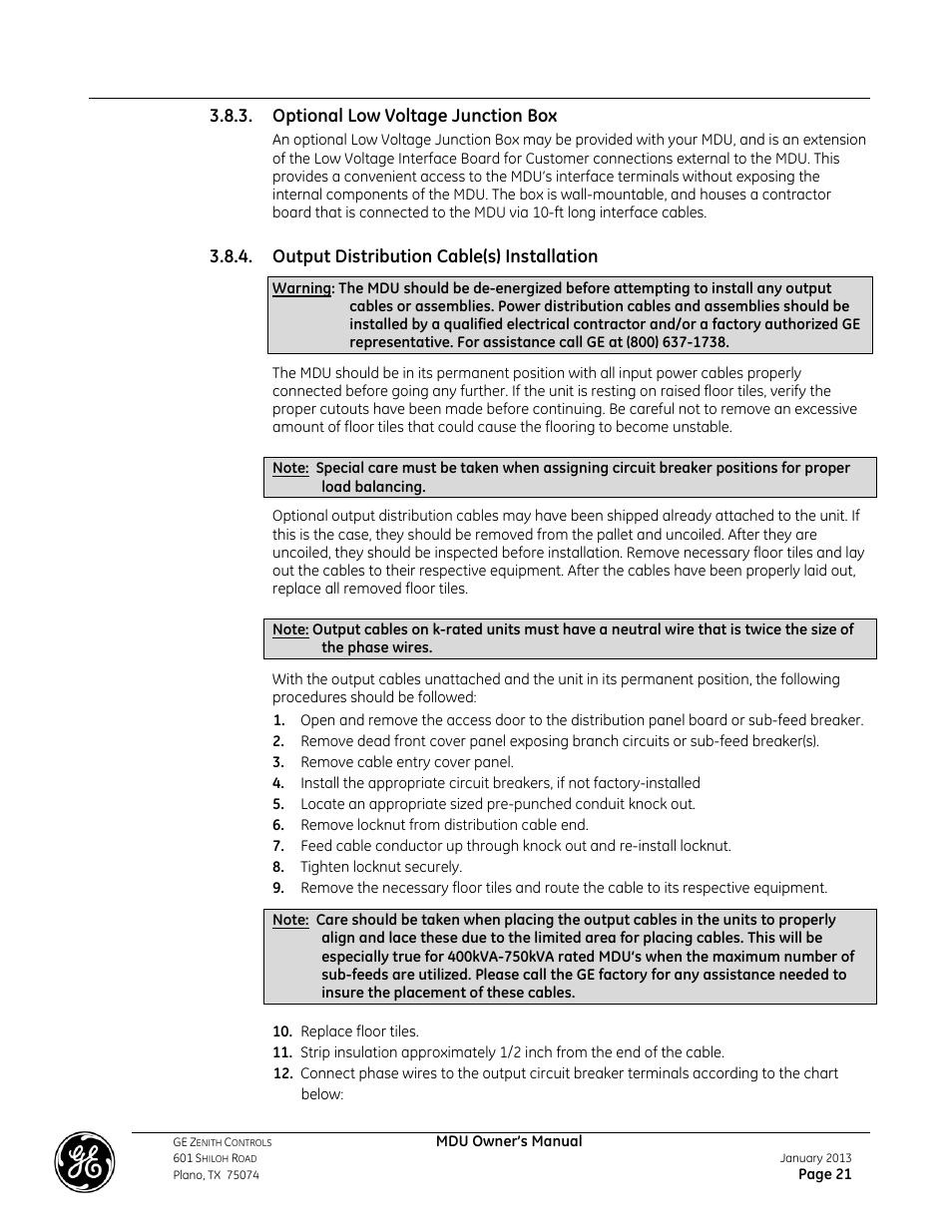 Optional low voltage junction box, Output distribution cable(s) installation | GE Industrial Solutions GE ZENITH SERIES MDU User Manual | Page 21 / 59