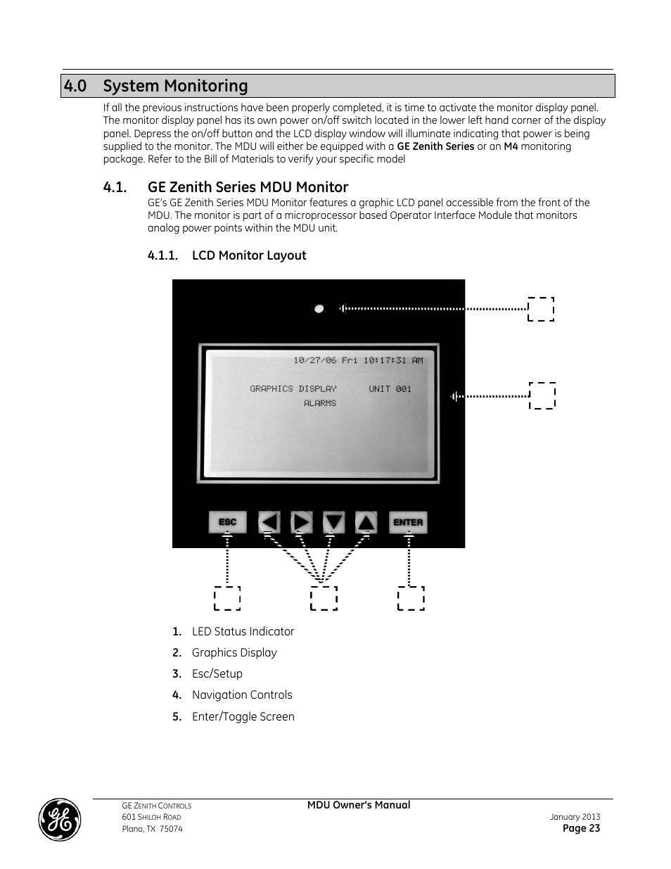 0 system monitoring, Ge zenith series mdu monitor | GE Industrial Solutions GE ZENITH SERIES MDU User Manual | Page 23 / 59