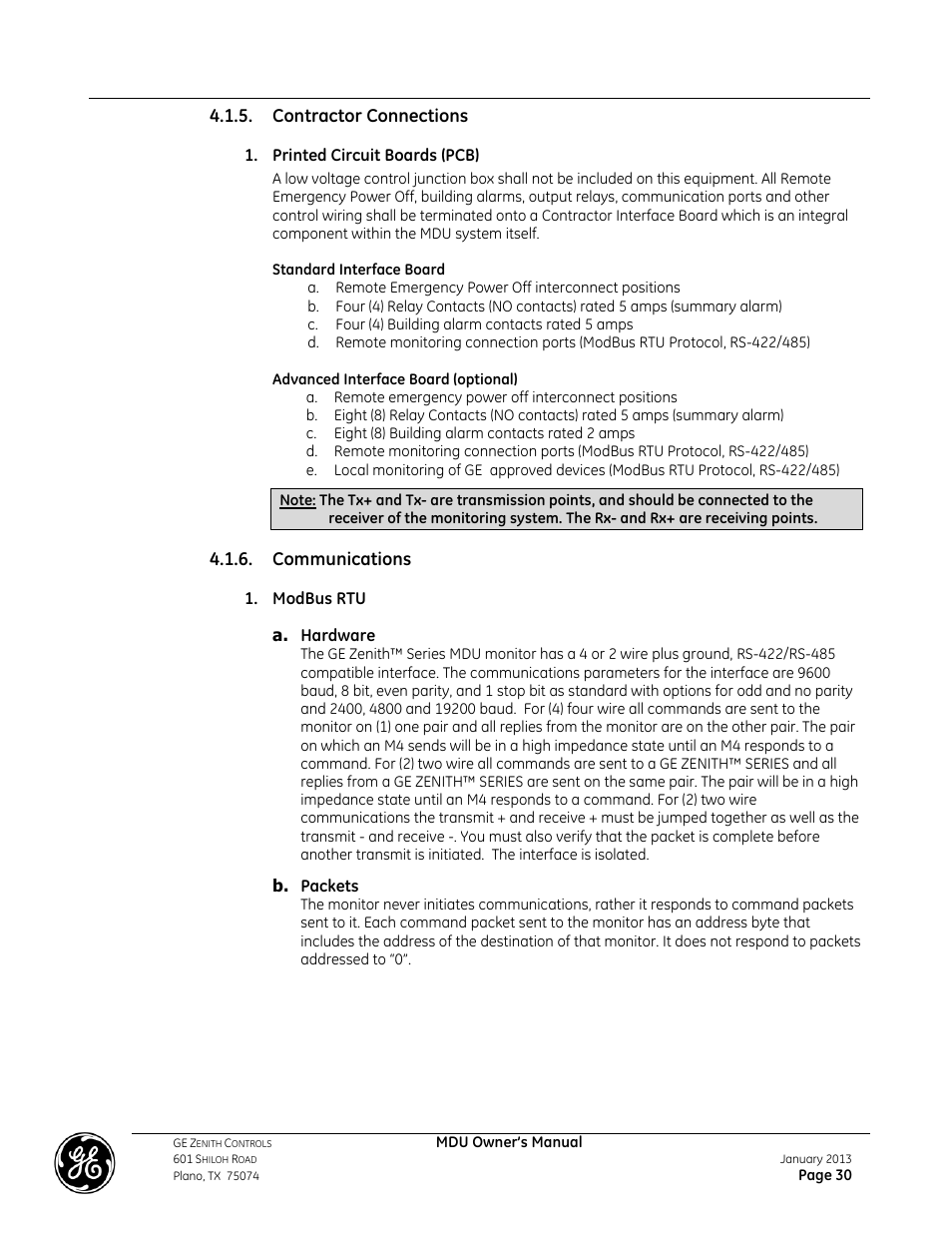 Contractor connections, Communications | GE Industrial Solutions GE ZENITH SERIES MDU User Manual | Page 30 / 59