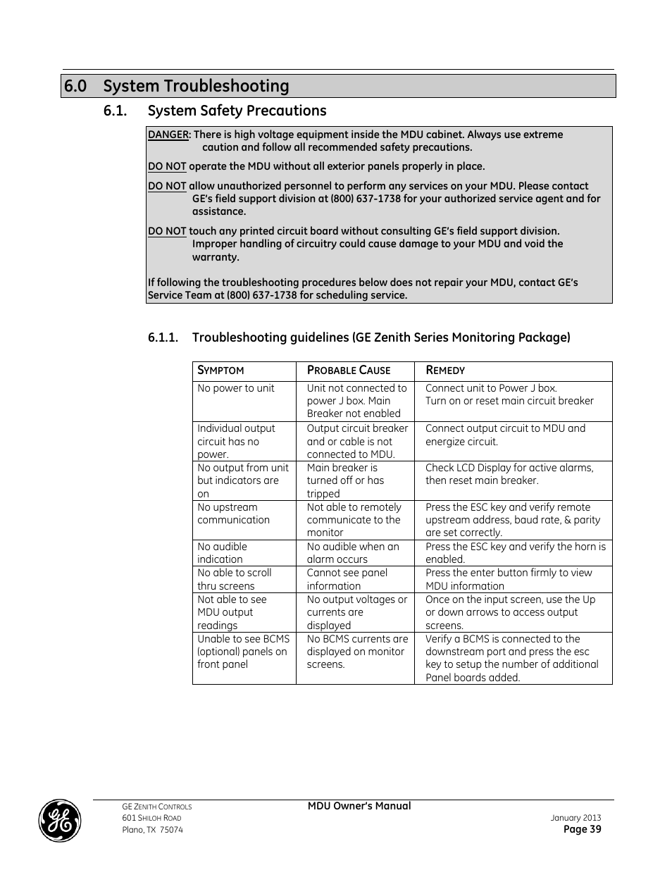 0 system troubleshooting, System safety precautions | GE Industrial Solutions GE ZENITH SERIES MDU User Manual | Page 39 / 59