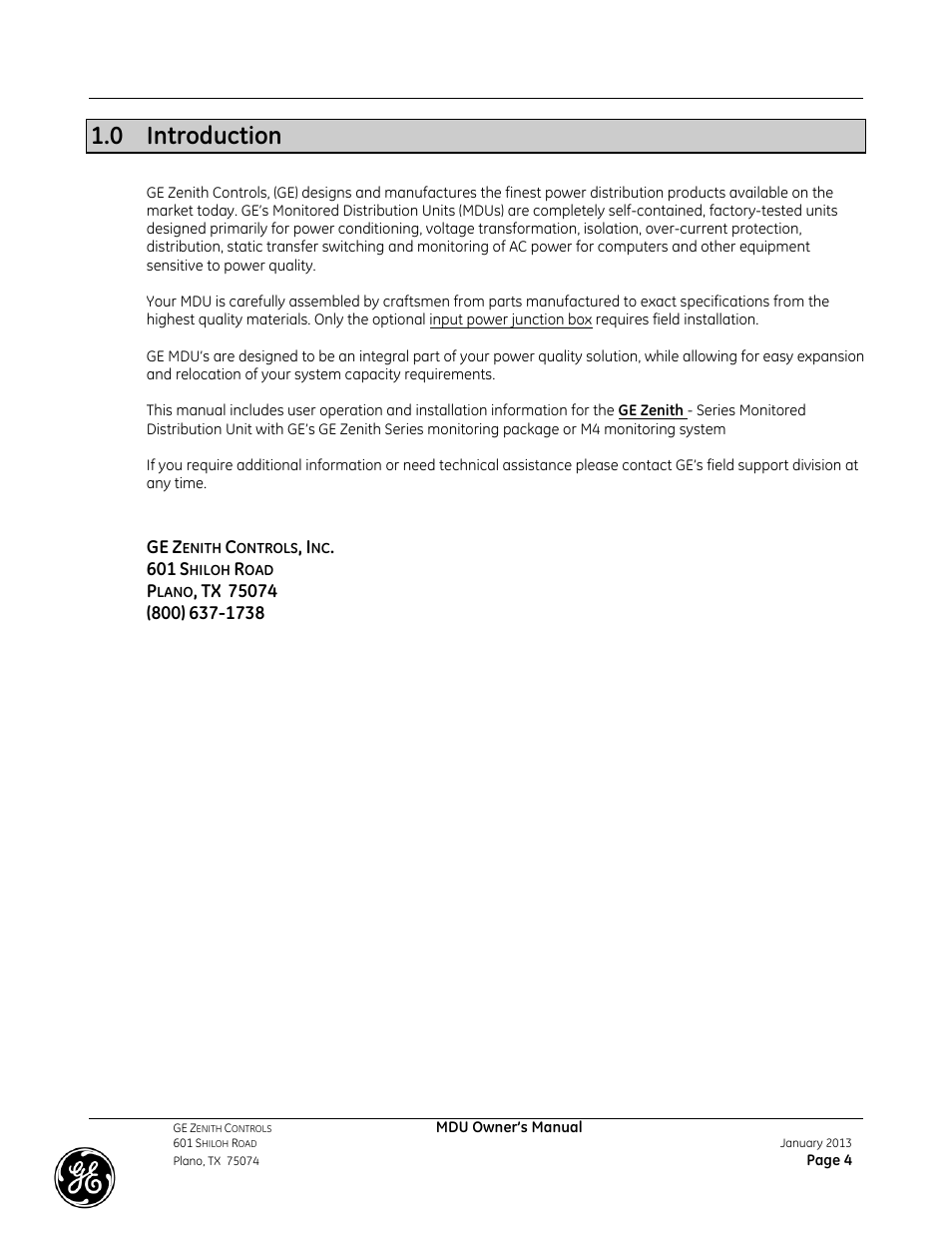 0 introduction | GE Industrial Solutions GE ZENITH SERIES MDU User Manual | Page 4 / 59