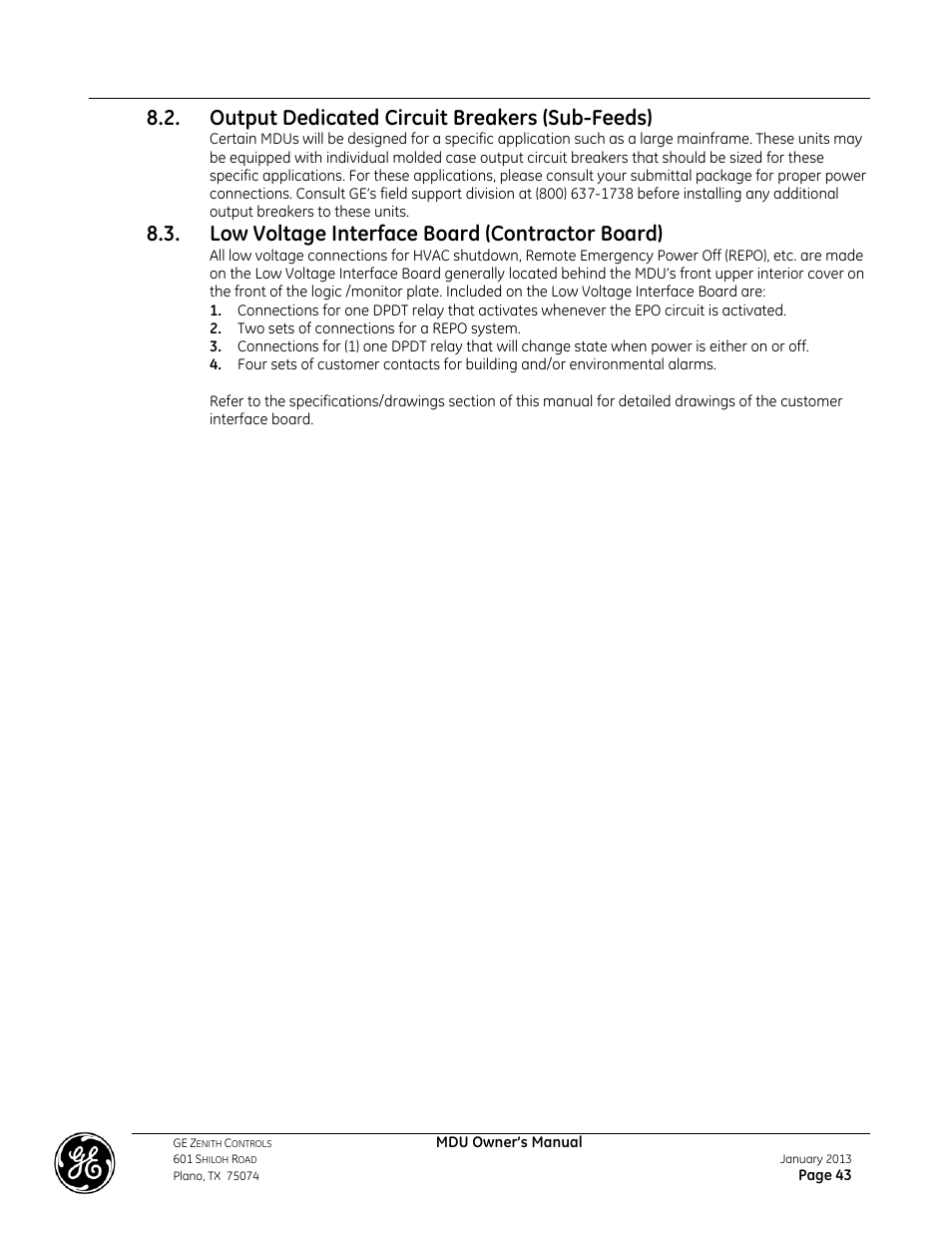 Output dedicated circuit breakers (sub-feeds), Low voltage interface board (contractor board) | GE Industrial Solutions GE ZENITH SERIES MDU User Manual | Page 43 / 59