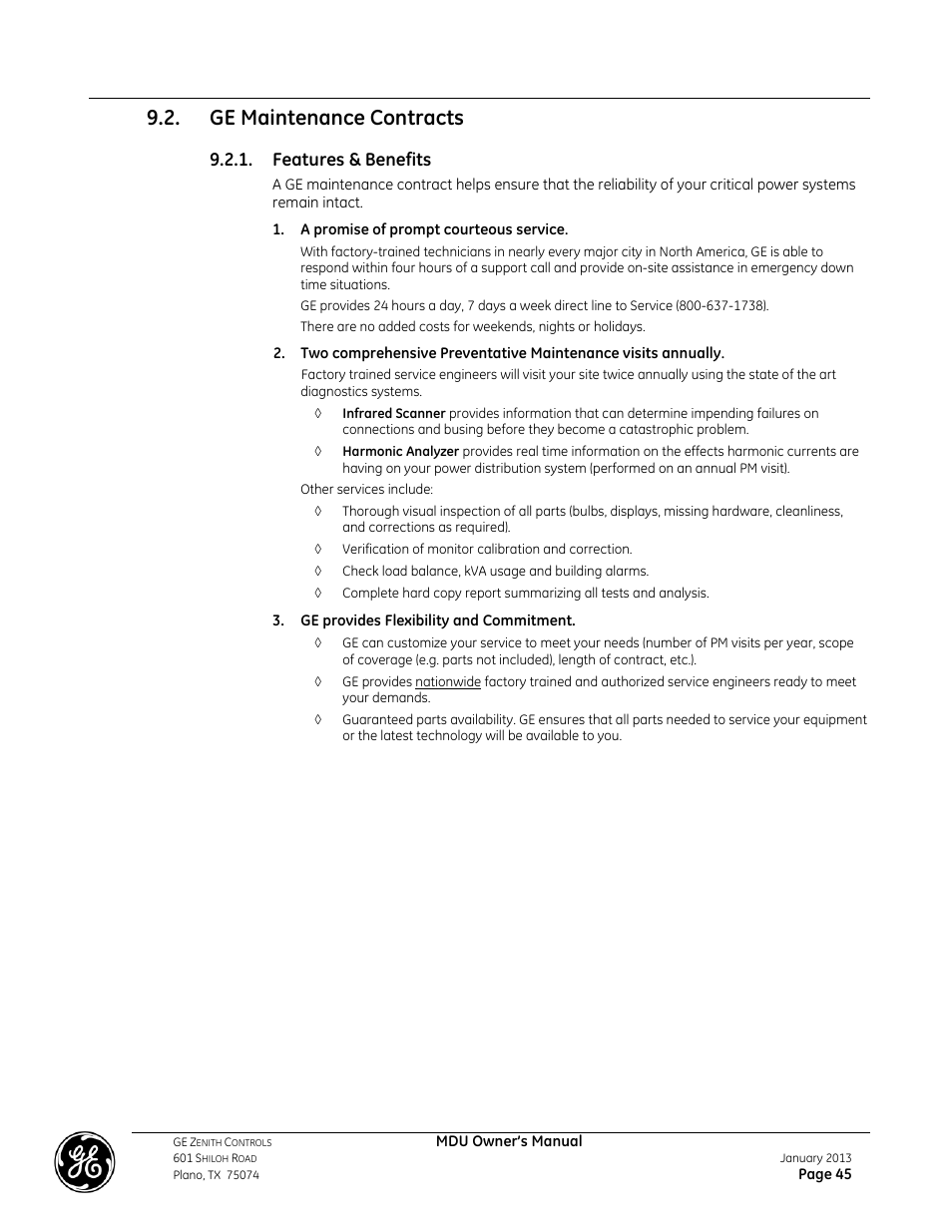 Ge maintenance contracts, Features & benefits | GE Industrial Solutions GE ZENITH SERIES MDU User Manual | Page 45 / 59