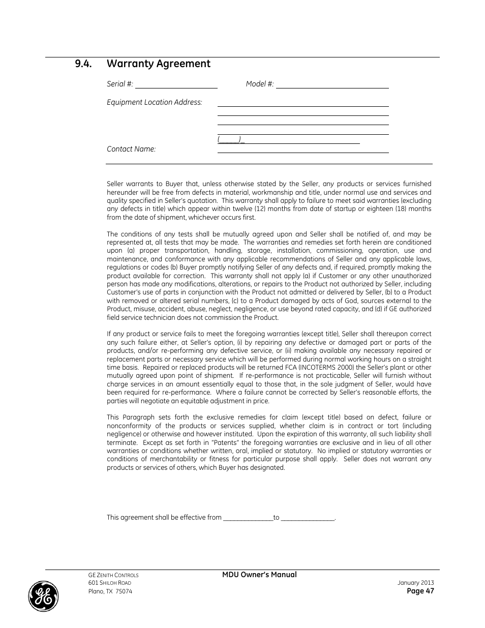 Warranty agreement | GE Industrial Solutions GE ZENITH SERIES MDU User Manual | Page 47 / 59