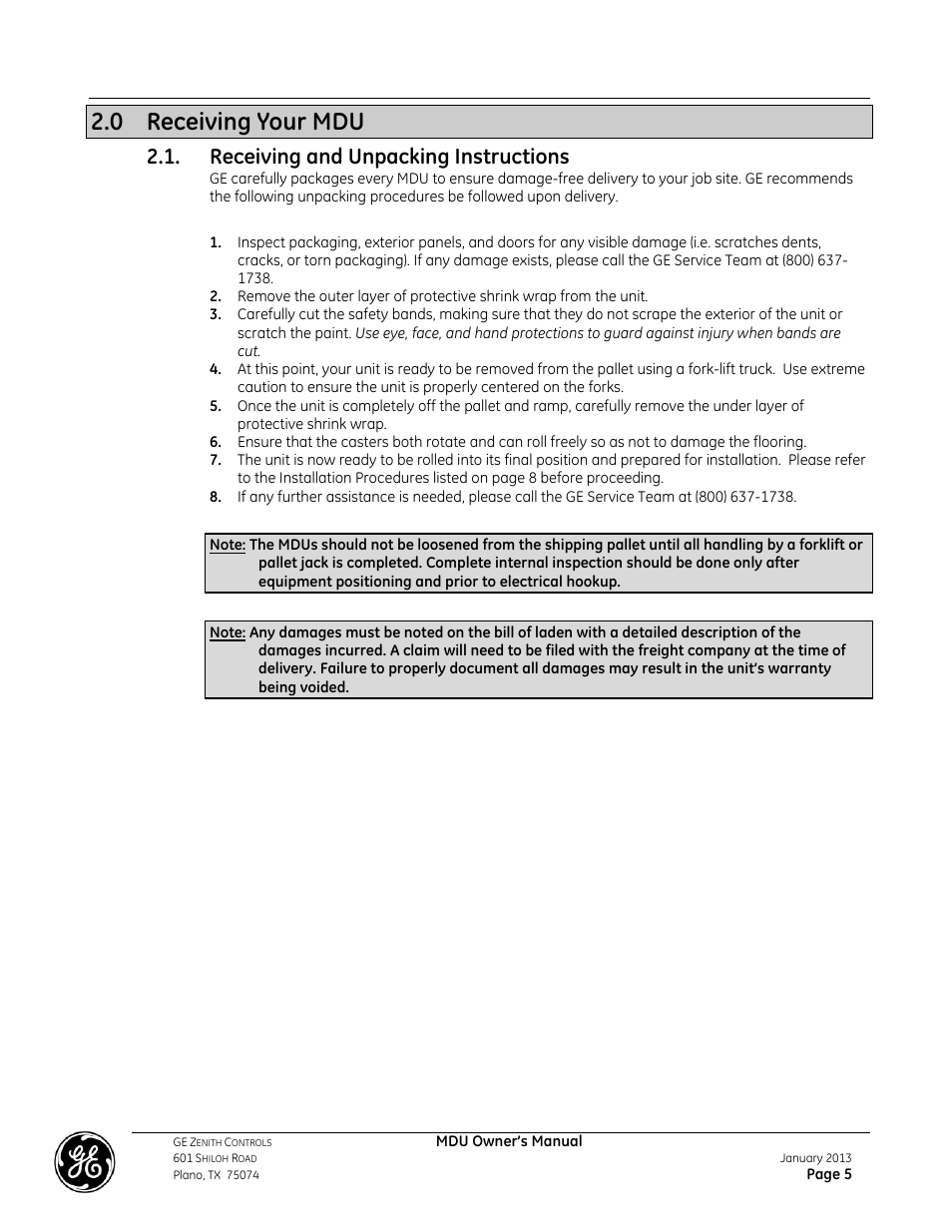 0 receiving your mdu, Receiving and unpacking instructions | GE Industrial Solutions GE ZENITH SERIES MDU User Manual | Page 5 / 59