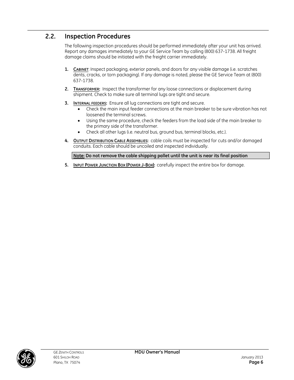 Inspection procedures | GE Industrial Solutions GE ZENITH SERIES MDU User Manual | Page 6 / 59