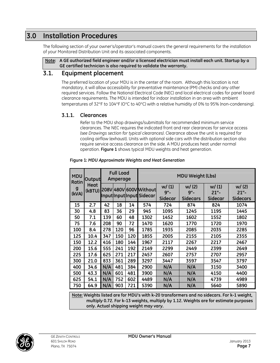 0 installation procedures, Equipment placement | GE Industrial Solutions GE ZENITH SERIES MDU User Manual | Page 7 / 59